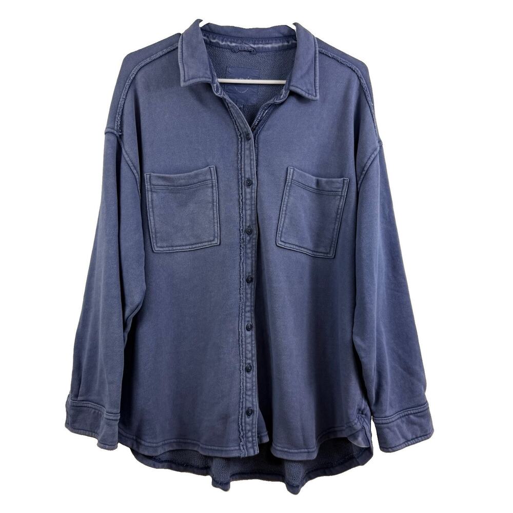 Aerie Lumber Jane Blue Button Up Shacket Medium Oversized Pockets Raw Hem Collar